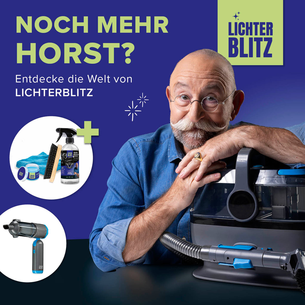 Älterer Mann mit Brille und Schnurrbart präsentiert Reinigungsset Fenster 7-teilig zusammen mit Staubsauger und weiteren Reinigungsprodukten.