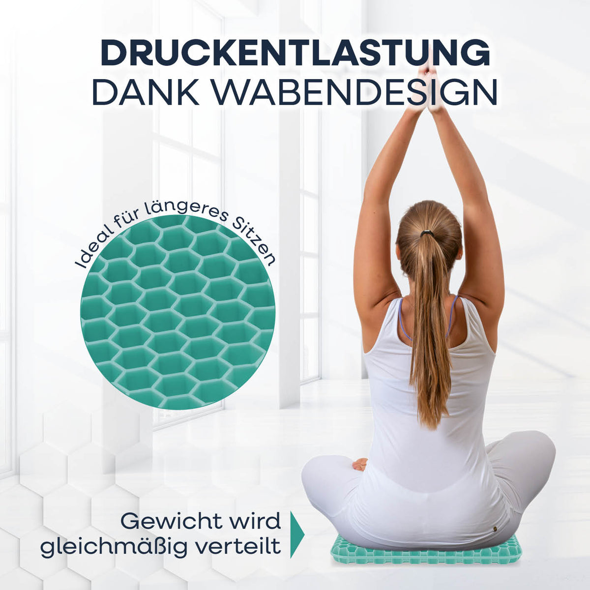 Komfort-Sitzkissen mit Wabenstruktur in Türkis, zeigt ergonomische Druckentlastung und gleichmäßige Gewichtsverteilung beim Sitzen.