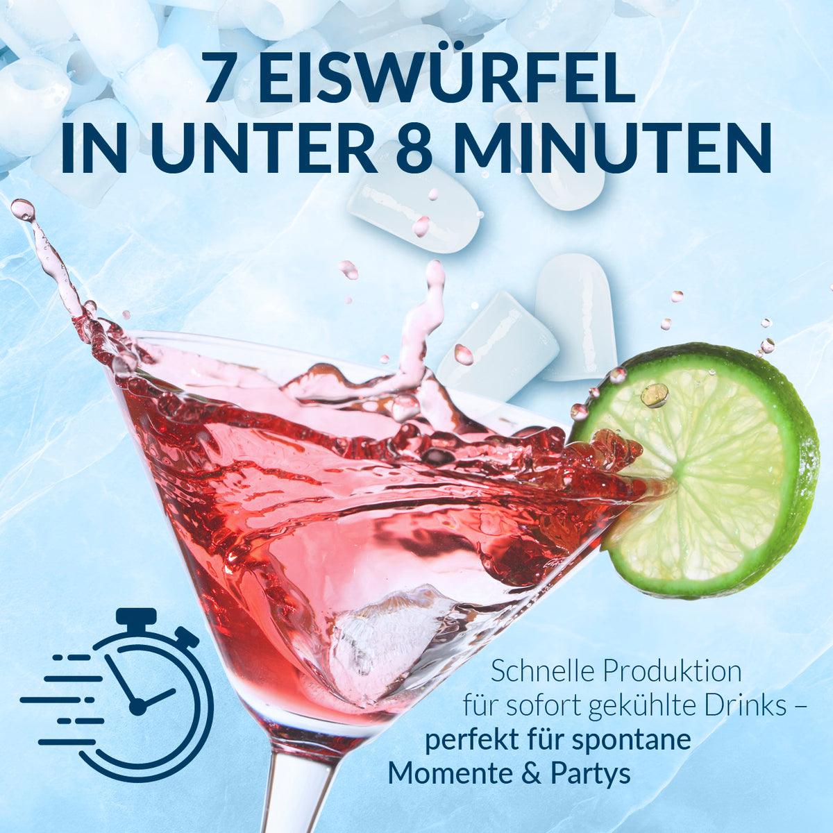Eiswürfelmaschine - 1-l-Wassertank zeigt rotes Getränk mit Eiswürfeln und Limettenscheibe, bewirbt schnelle Eiswürfelfertigung in unter 8 Minuten.