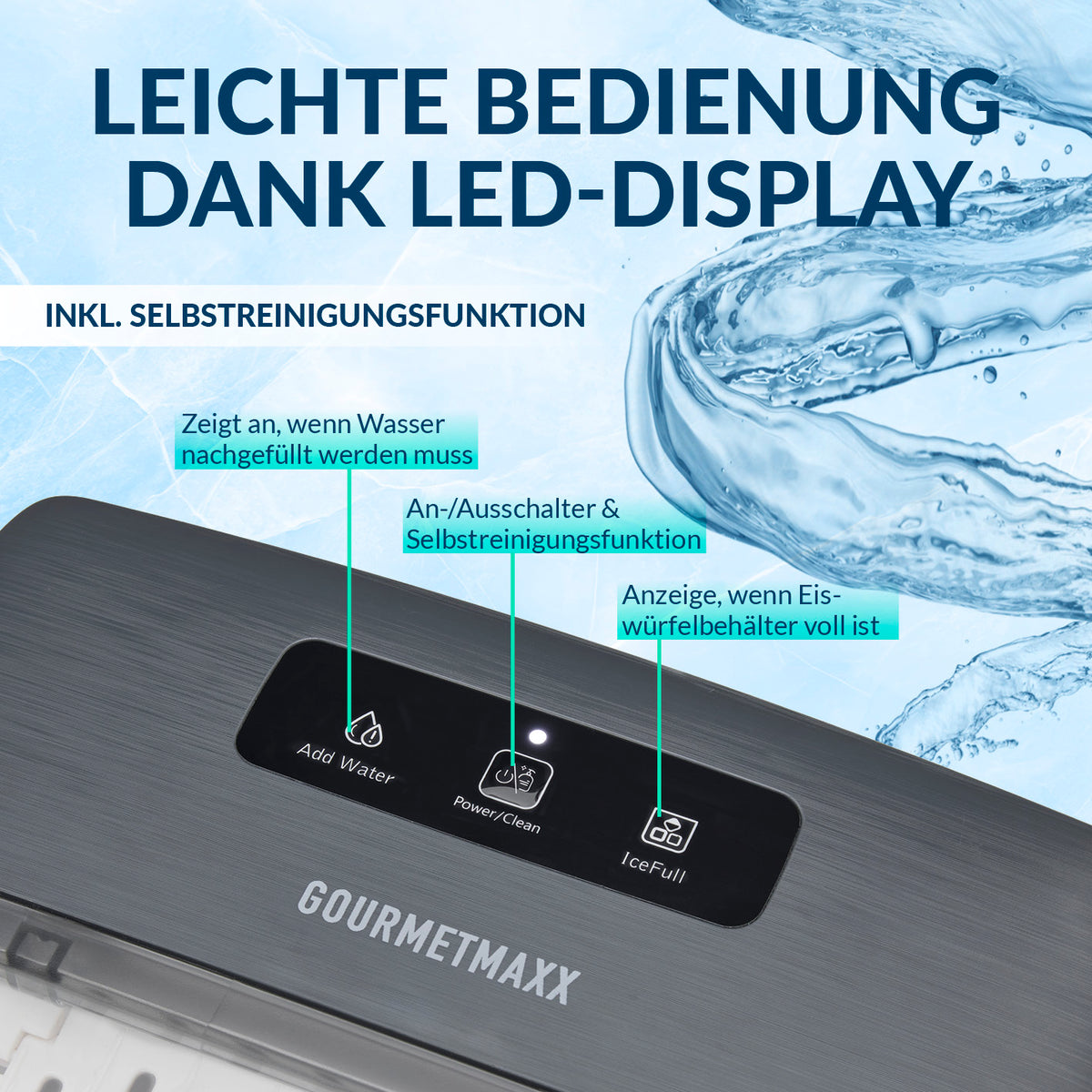Eiswürfelmaschine - 1-l-Wassertank mit LED-Display für einfache Bedienung, Selbstreinigungsfunktion und Anzeige für Wasser- und Eisfüllstand.