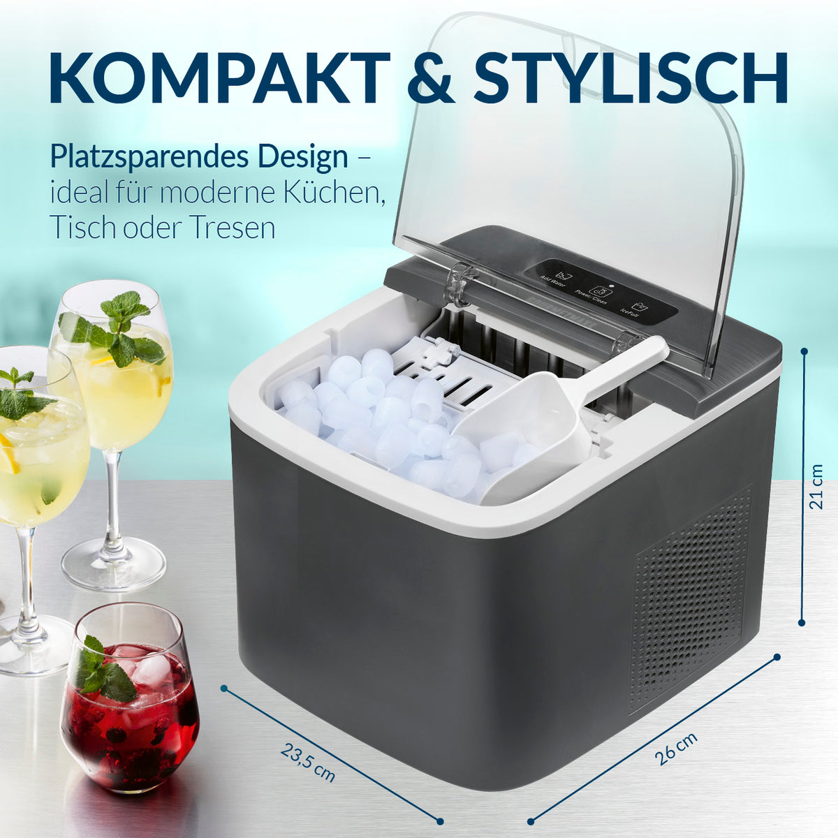 Eiswürfelmaschine - 1-l-Wassertank mit kompaktem Design, transparenter Klappe und einfacher Bedienung für stilvolle Eiswürfelzubereitung.