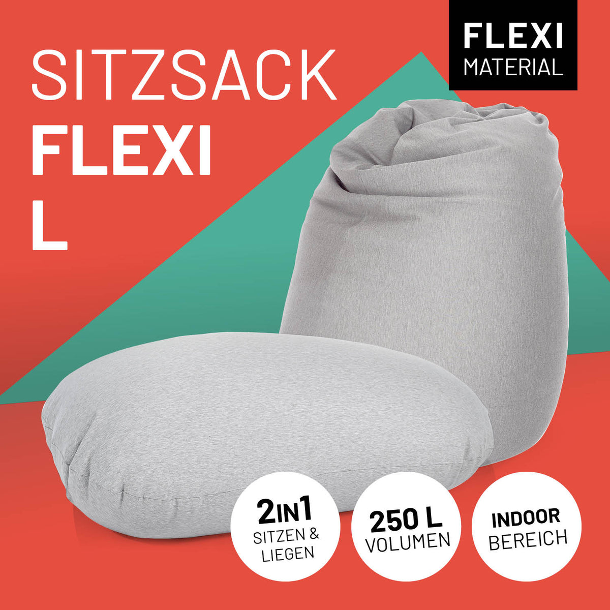 Flexi Comfort Sitzsack (320 L) Hellgrau, ergonomisch, flexibel, Indoor, angenehm weich, ideal für Wohnzimmer und entspannte Sitzpositionen.