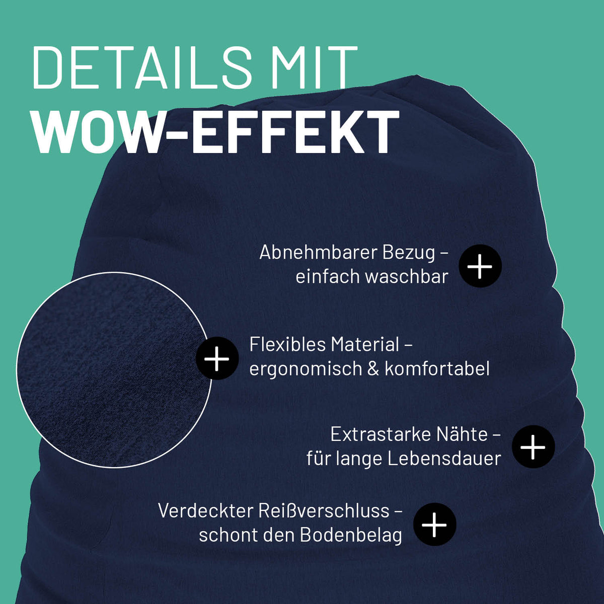 Flexi Comfort Sitzsack (380 L) Navyblau mit flexiblem, ergonomischem Material und abnehmbarem, waschbarem Bezug.