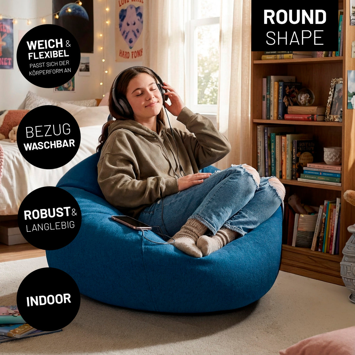 Comfort Line Sitzsack L (185 L) - indoor - Dunkelblau mit weichem Bezug, passt sich dem Körper an, robust und waschbar, ideal für drinnen.