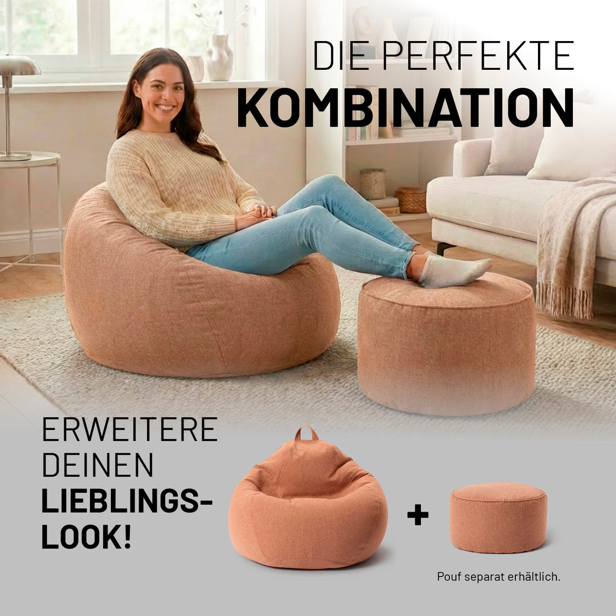 Frau entspannt auf Comfort Line Sitzsack (320 L) - indoor - Braun in modern eingerichteter Wohnung mit passendem Pouf.