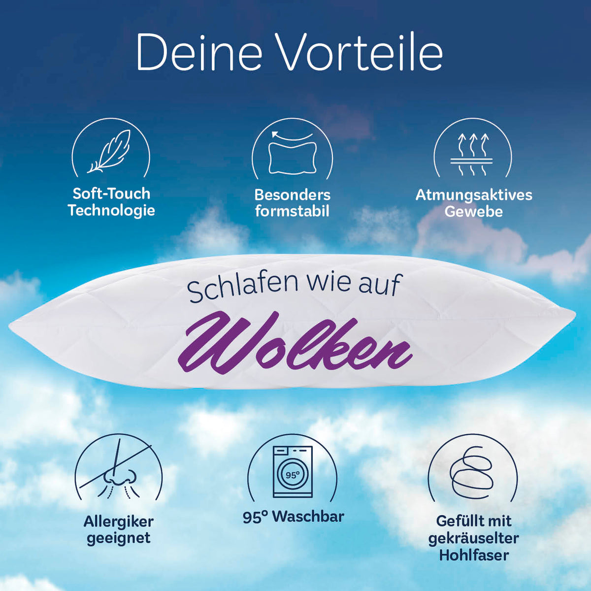 Microfaser Kopfkissen gesteppt - 80 x 80 cm, weich, formstabil, atmungsaktiv, allergikergeeignet und bei 95° waschbar.