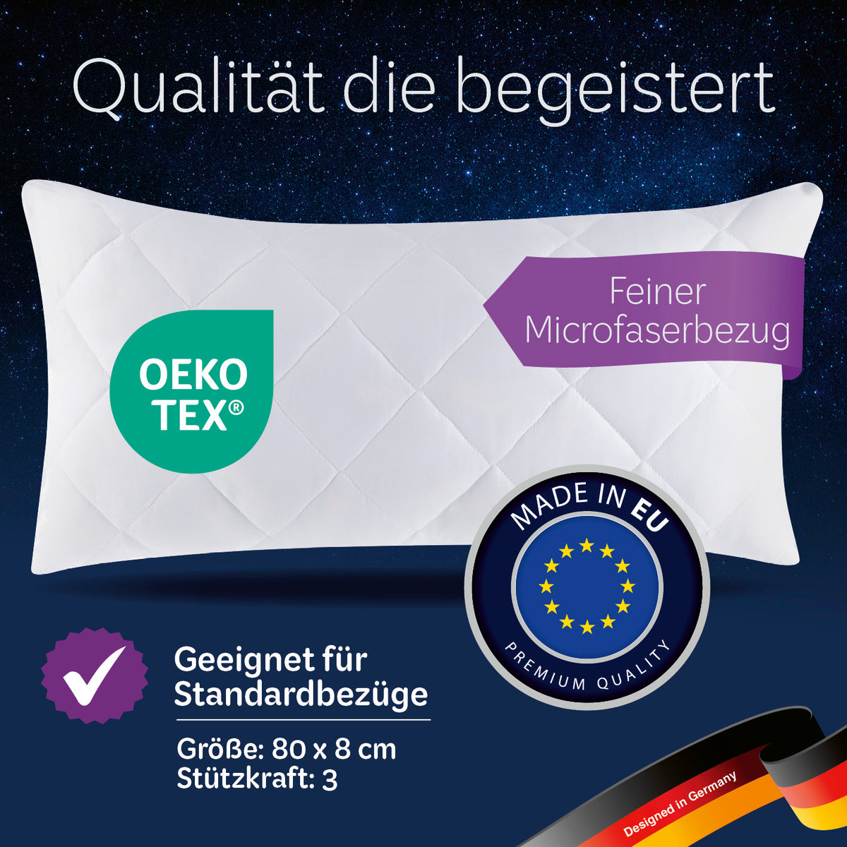 Microfaser Kopfkissen - Gesteppt - 40 x 80 cm - Weiß mit feinem Microfaserbezug, OEKO-TEX zertifiziert, made in EU, für allergikerfreundlichen Schlaf.
