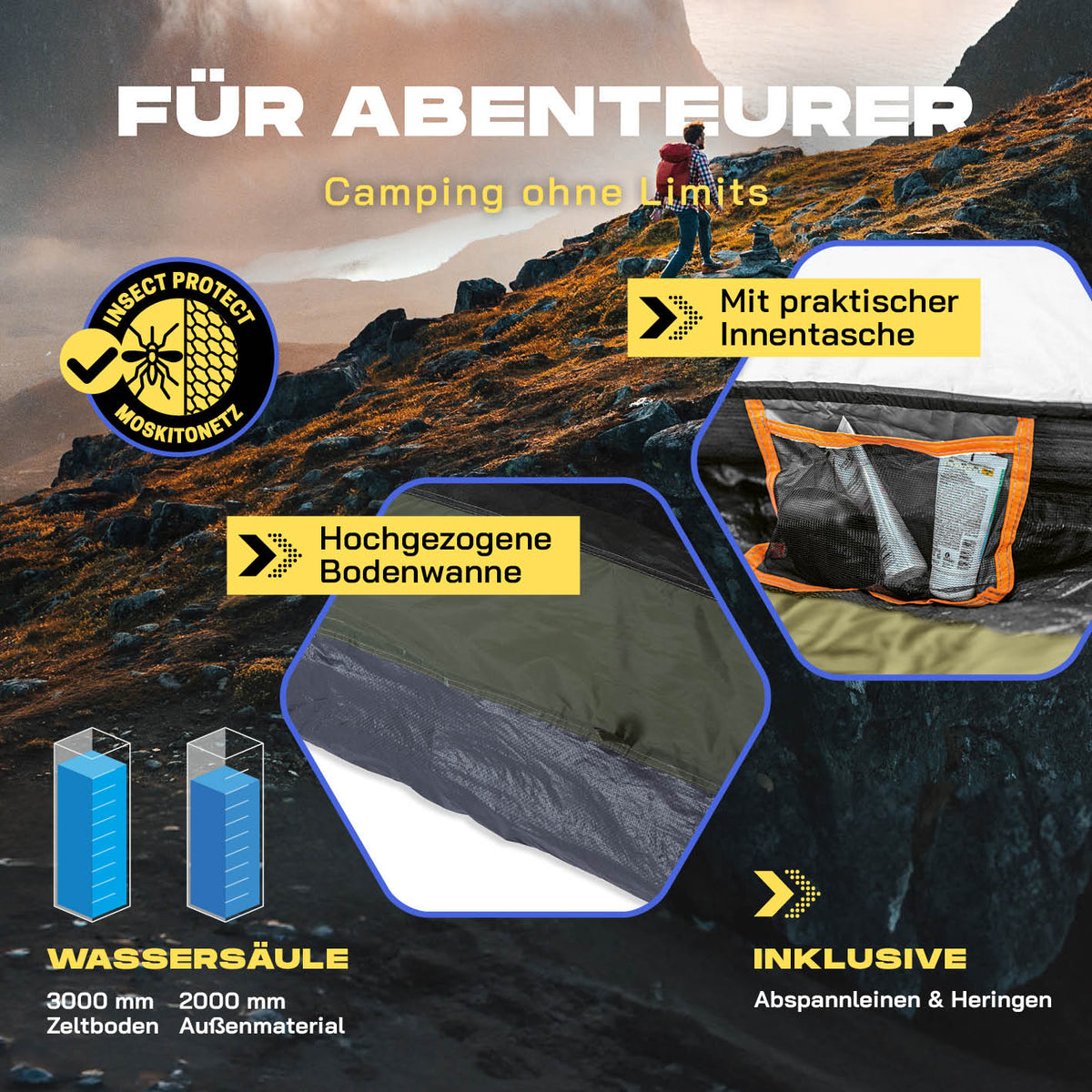 Pop Up Zelt - 3-Personen-Zelt mit Doppeltür, Moskitonetz, praktischer Innentasche und wasserfestem Material für Outdoor-Abenteuer.
