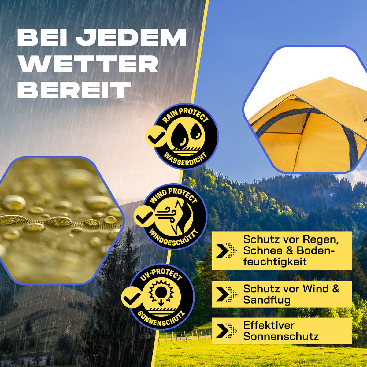 Pop up Wurfzelt für 3 Personen - Gelb, wasser-, wind- und sonnengeschützt für jedes Wetter, ideal für Outdoor-Aktivitäten.