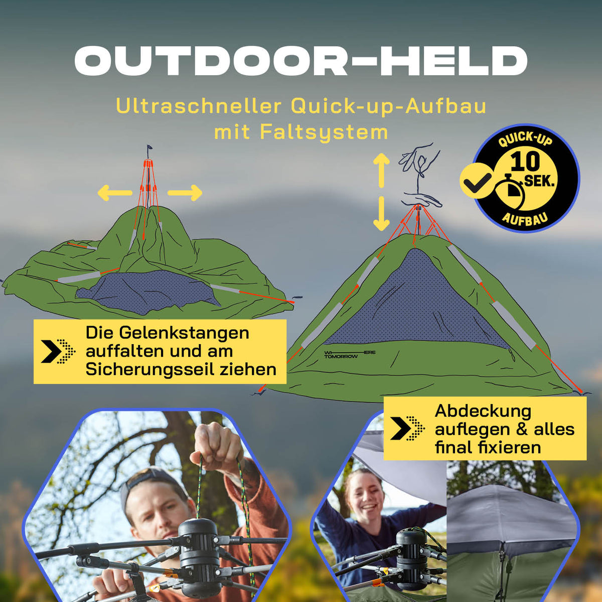 Pop up Familienzelt für 3 Personen - ca. 220 x 220 x 130 cm - Grün mit ultraschnellem Quick-up-Aufbau und Wetterfestigkeit.