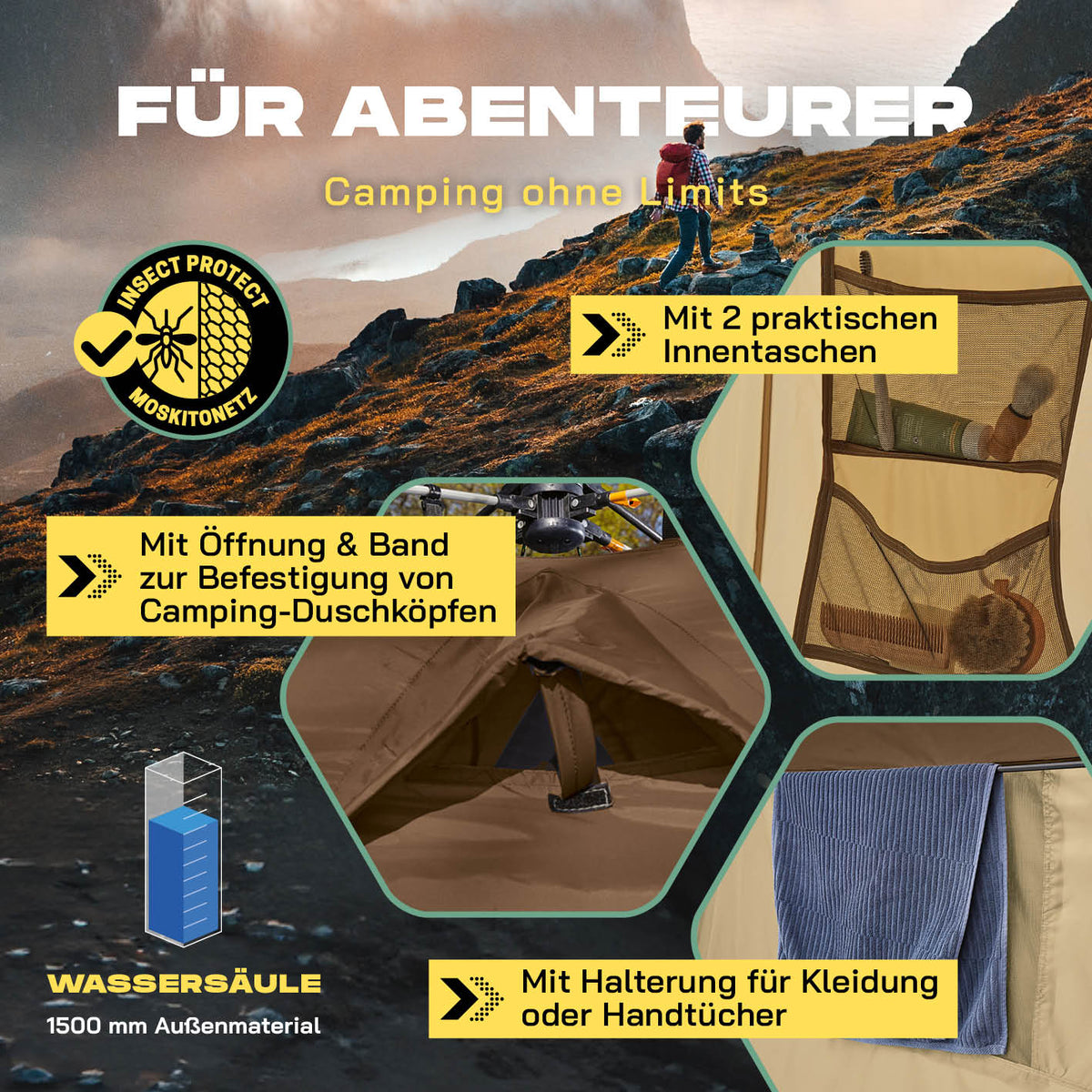 Pop up Duschzelt - 220 cm hoch - Braun mit Moskitonetz, 2 Innentaschen und Halterung für Kleidung oder Handtücher, wasserfest und schnell aufzubauen.