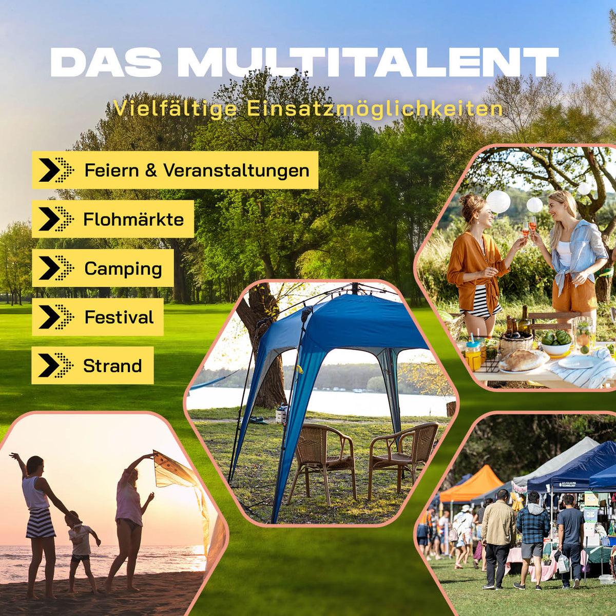 Pop up Pavillon - Grün für Feiern, Camping, Festivals; schnell aufgebaut, wetterfest, mit Seitenwand für Windschutz.