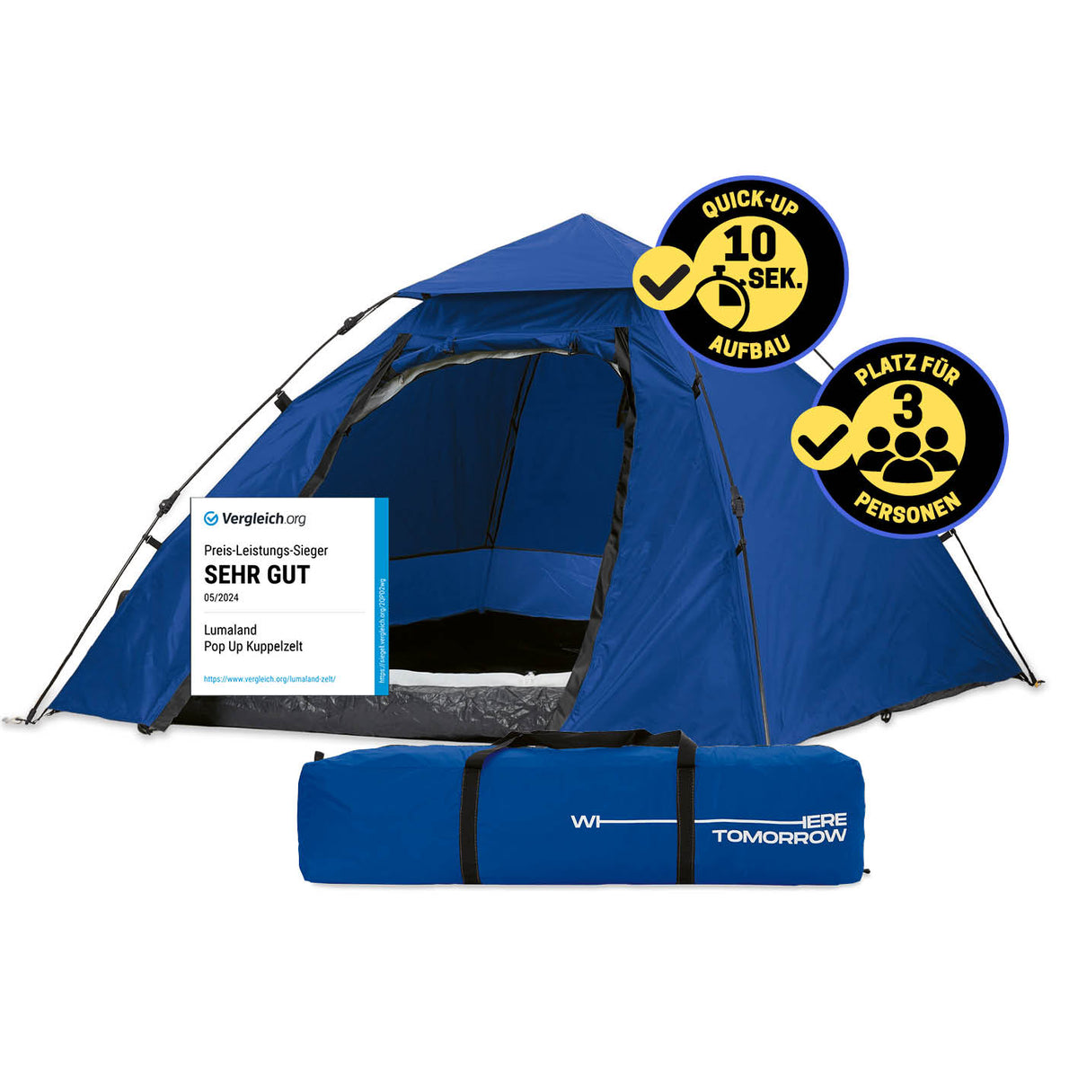 Pop up Kuppelzelt für 3 Personen - Blau, leichtes, wasserdichtes Zelt mit schnellem Aufbau in 10 Sekunden, ideal für Outdoor und Reisen.