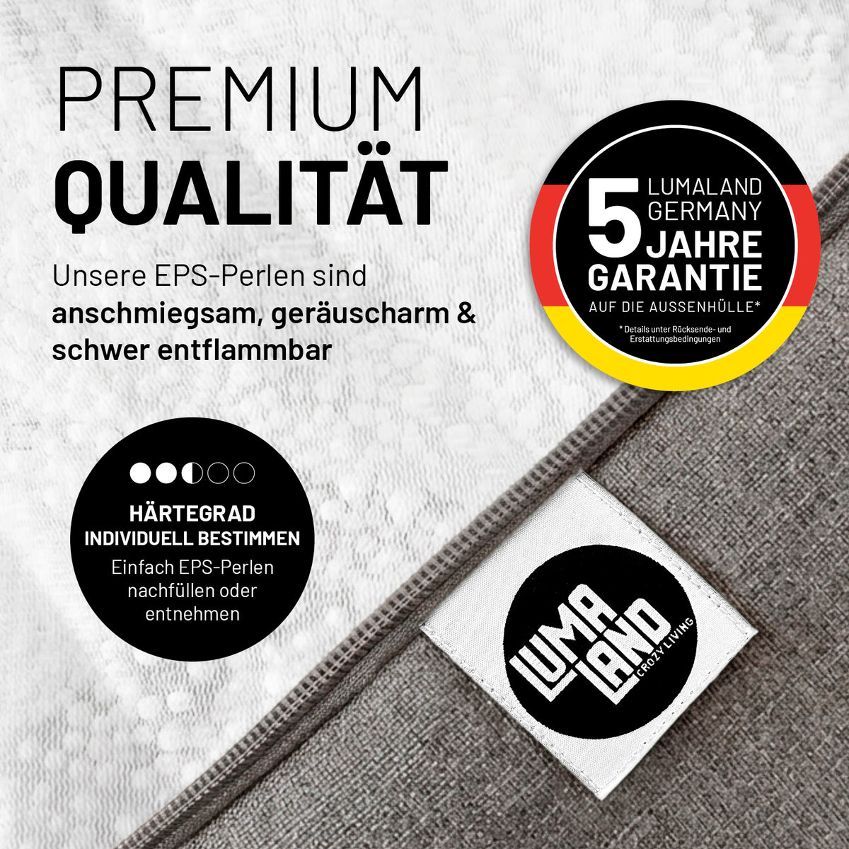 Sitzsack Interior Line (370 L) - indoor - Hellgrau mit hochwertiger Leinenoptik, anpassbarem Härtegrad und 5 Jahre Garantie