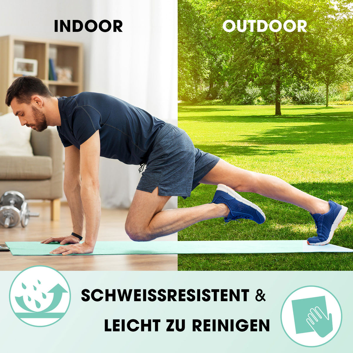 Fitness- und Gymnastikmatte - 190 x 100 x 1 cm - Türkis, rutschfest, leicht, indoor & outdoor, ideal für Yoga und Gymnastik.