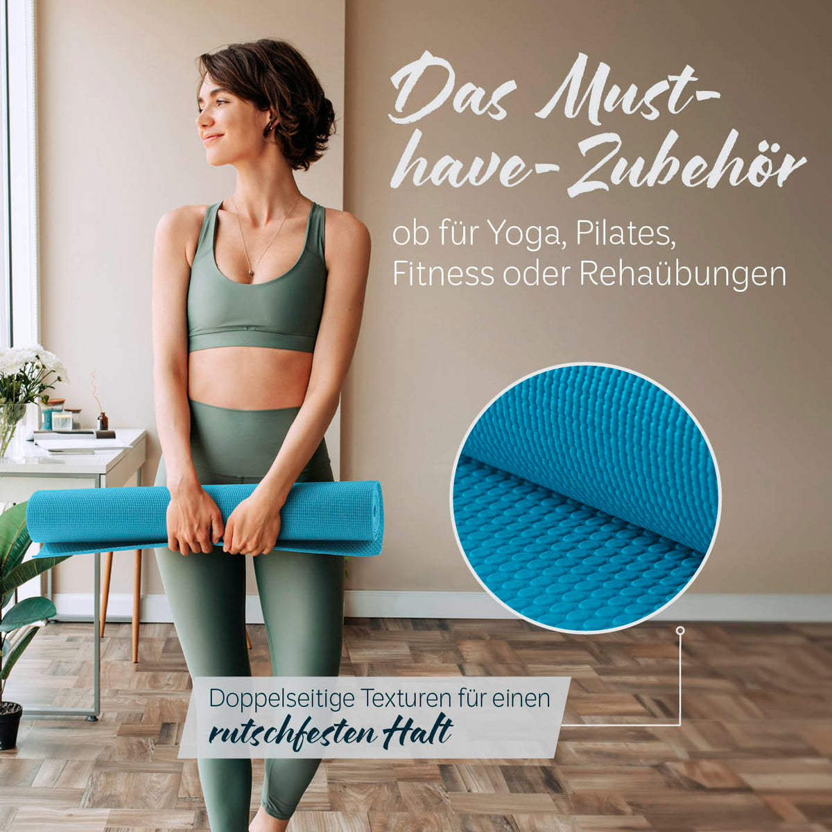 Yogamatte Kirana - 183 x 61 x 0,4 cm - Petrol mit weicher Oberfläche, rutschfest und pflegeleicht für Yoga, Pilates und Fitness.