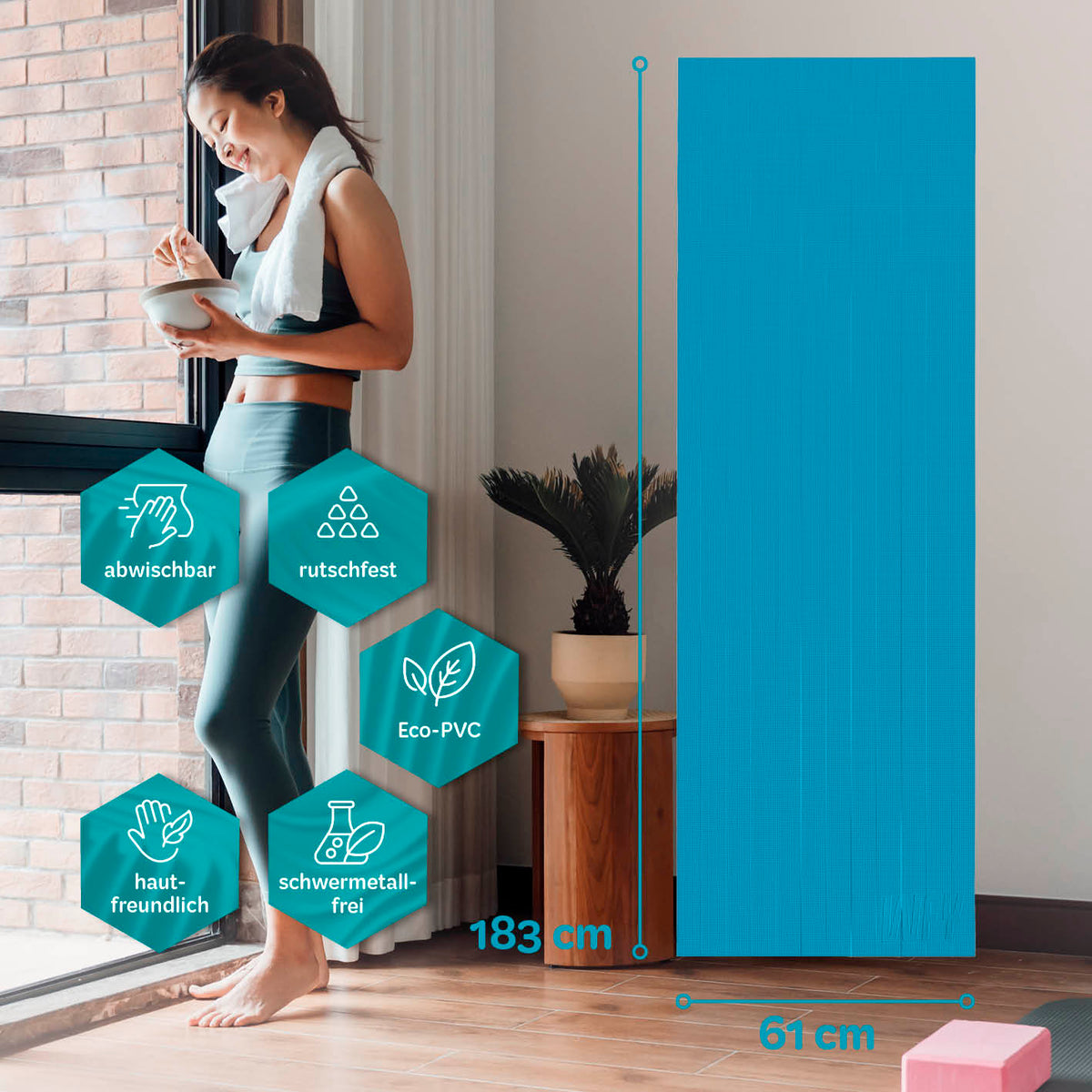 Yogamatte Kirana - 183 x 61 x 0,4 cm - Petrol, rutschfest, hautfreundlich, Eco-PVC, abwischbar, schadstofffrei für Pilates und Fitness.