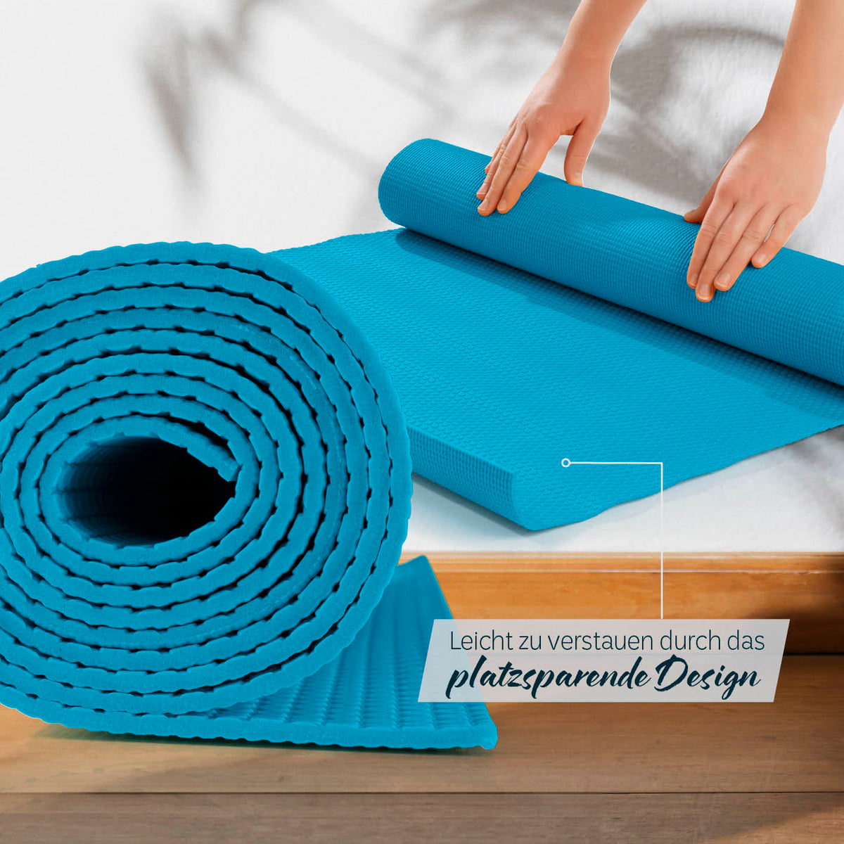 Yogamatte Kirana - 183 x 61 x 0,4 cm - Petrol, rutschfeste und weiche ECO-PVC Trainingsmatte mit platzsparendem Design.