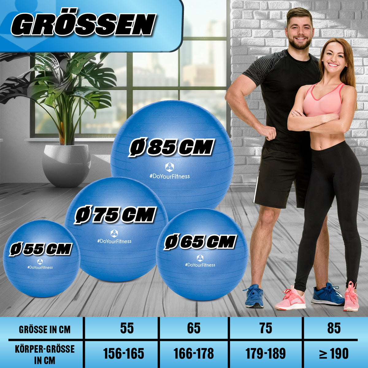 Gymnastikball inkl. Ballpumpe - Fitness Sitzball - Blau - 65 cm mit Größenvergleich und Modellpaar im Fitnessoutfit.