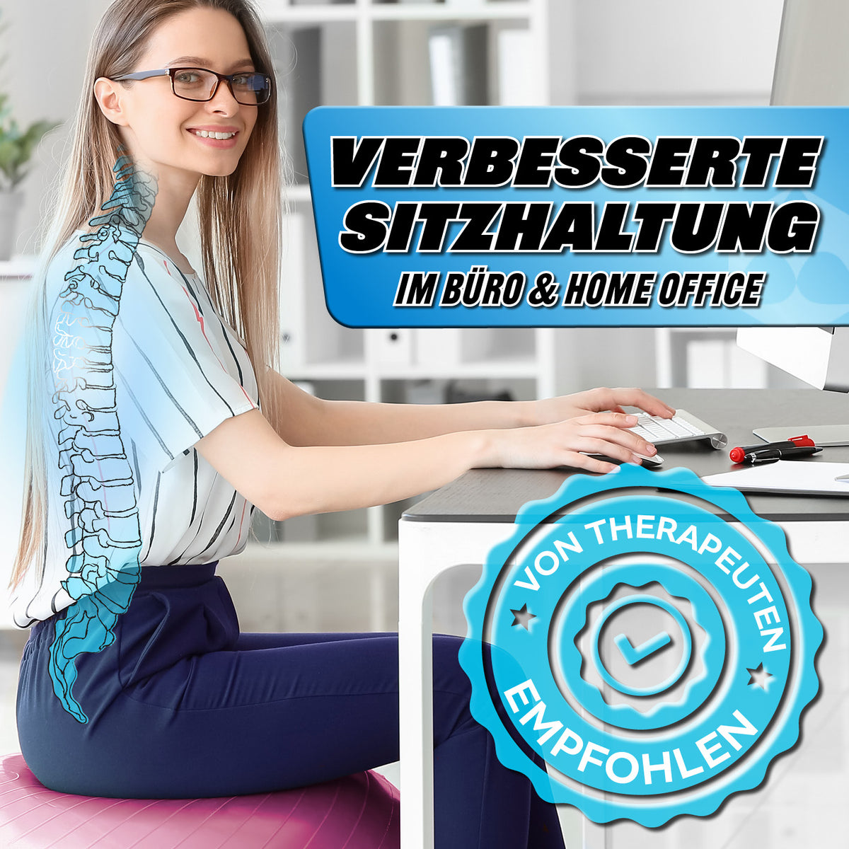 Gymnastikball inkl. Ballpumpe - Fitness Sitzball - Pink - 85 cm für verbesserte Sitzhaltung im Büro und Home Office empfohlen von Therapeuten.