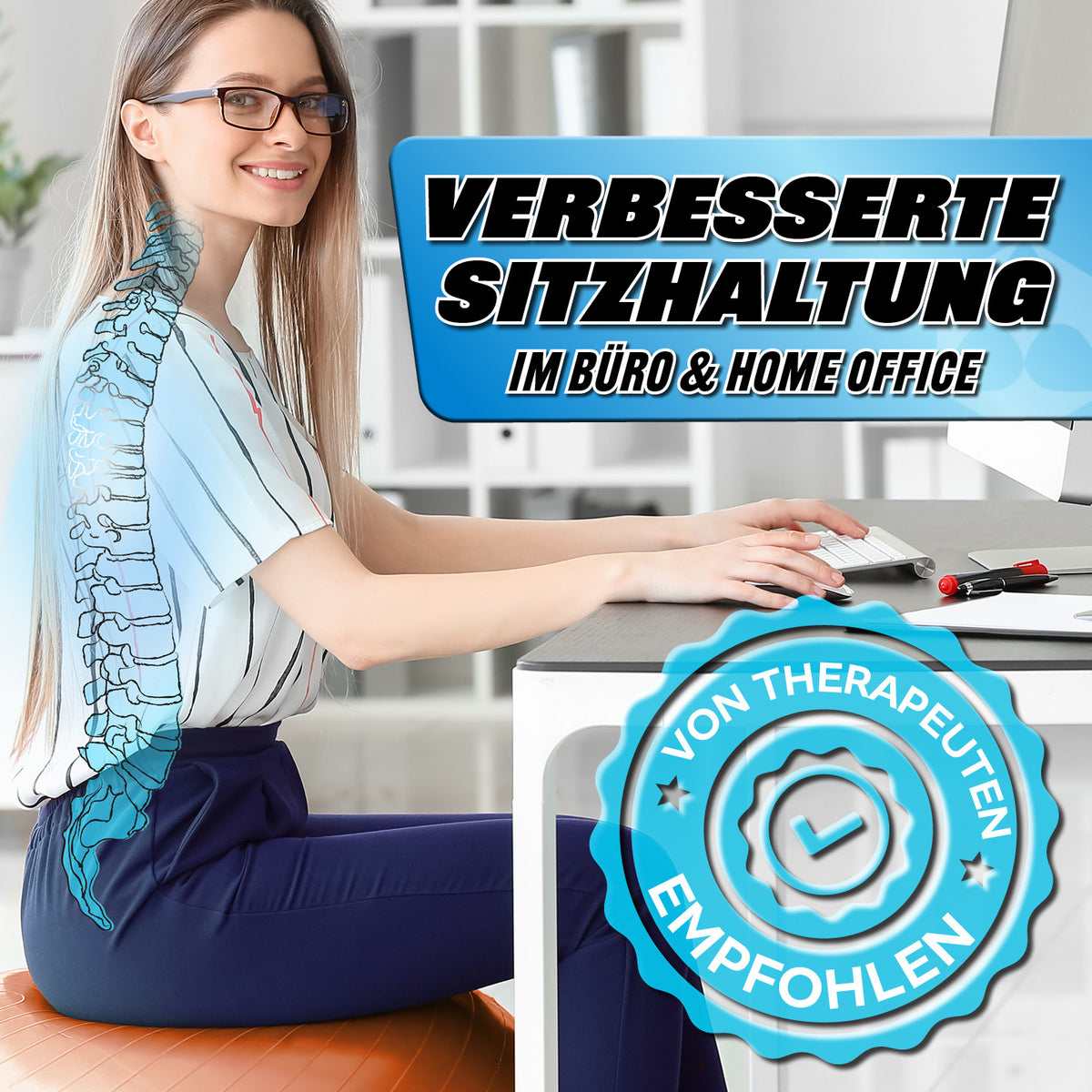 Gymnastikball inkl. Ballpumpe - Fitness Sitzball - Orange - 65 cm verbessert die Sitzhaltung im Büro und Home Office.