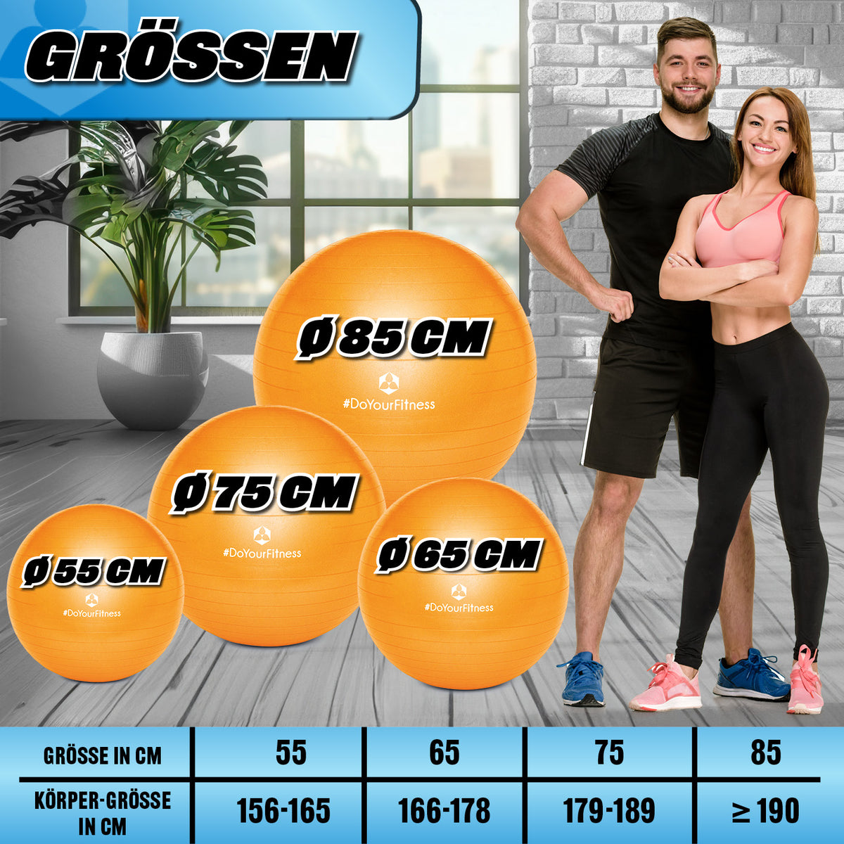 Gymnastikball inkl. Ballpumpe - Fitness Sitzball - Orange - 85 cm mit Größenübersicht und empfohlenen Körpergrößen.