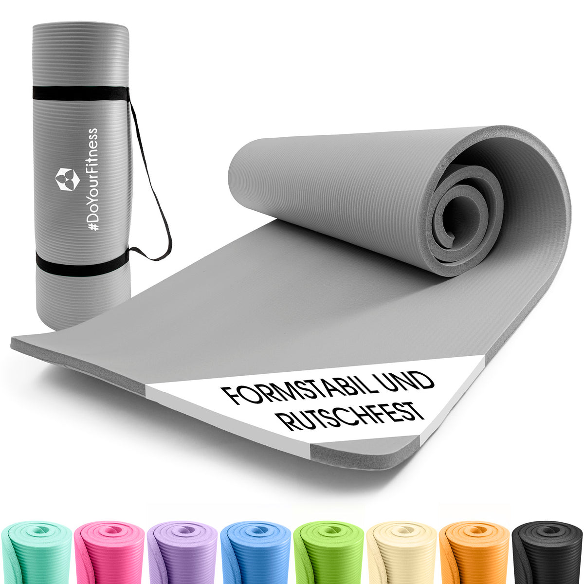 Fitness- und Gymnastikmatte - 183 x 61 x 1 cm - Grau, rutschfest, robust, weich und leicht mit Tragegurt für Indoor und Outdoor Training.