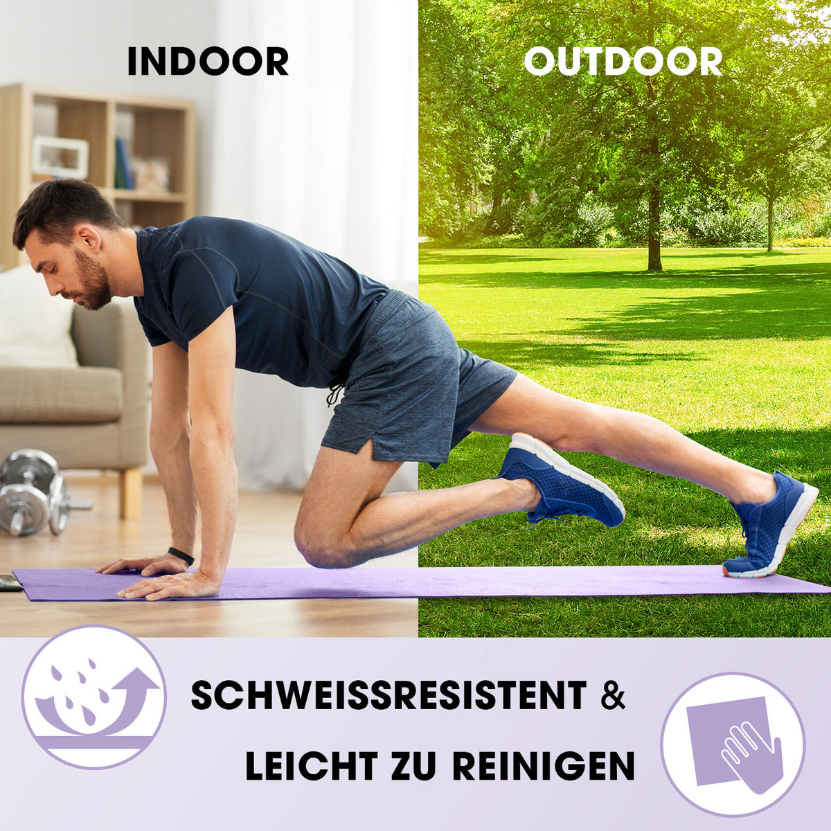 Fitness- und Gymnastikmatte - 183 x 61 x 1,5 cm - Lila, rutschfest, robust, schweißresistent für Indoor- und Outdoor-Training.