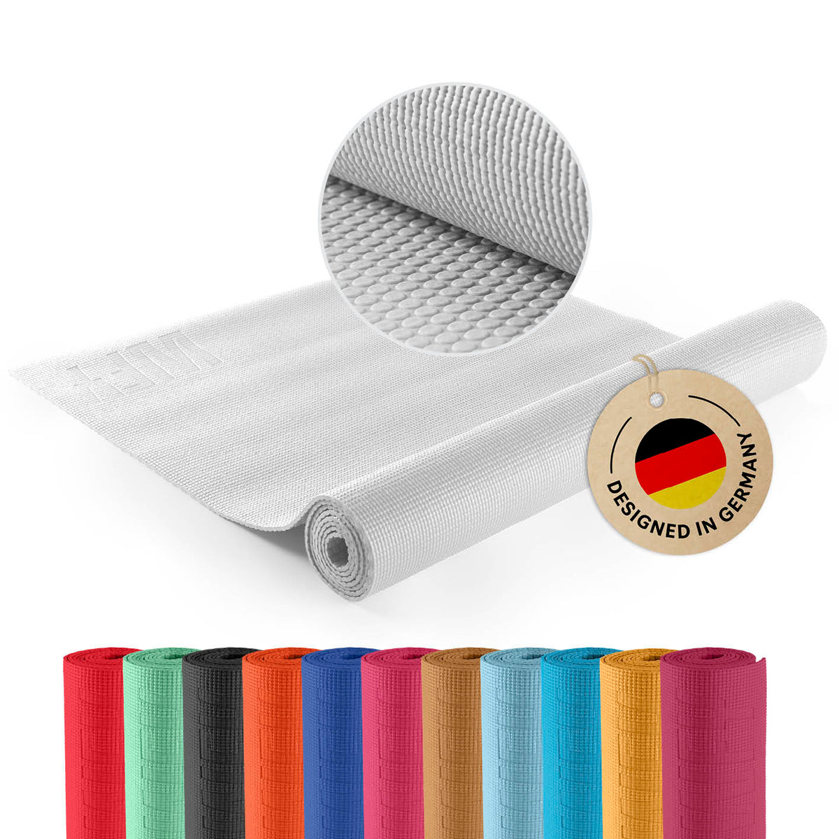 Yogamatte Kirana - 183 x 61 x 0,4 cm - Weiß, rutschfest, weich und pflegeleicht, ideal für Pilates und Fitness.
