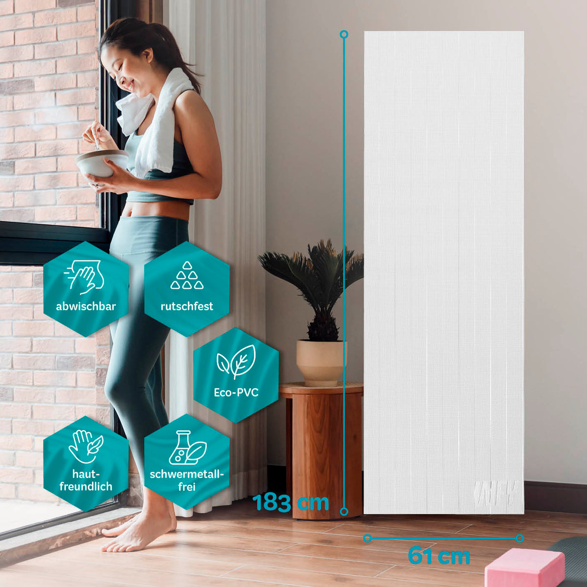 Yogamatte Kirana - 183 x 61 x 0,4 cm - Weiß, weich, rutschfest, hautfreundlich, pflegeleicht aus Eco-PVC für Pilates und Fitness.