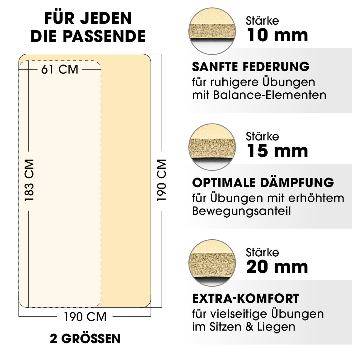 Fitness- und Gymnastikmatte - 183 x 61 x 2 cm - Hell Beige mit rutschfester Oberfläche und optimaler Dämpfung für Yoga und Gymnastik.