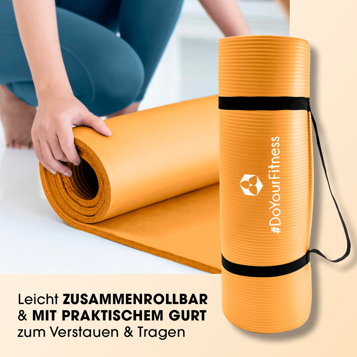 Fitness- und Gymnastikmatte - 183 x 61 x 2 cm - Orange, rutschfest, robust, zusammenrollbar mit Tragegurt für Yoga und Gymnastik.