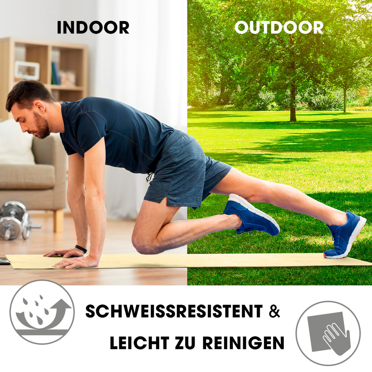 Fitness- und Gymnastikmatte - 183 x 61 x 1,5 cm - Hell Beige, rutschfest, leicht, ideal für Indoor- und Outdoor-Training.