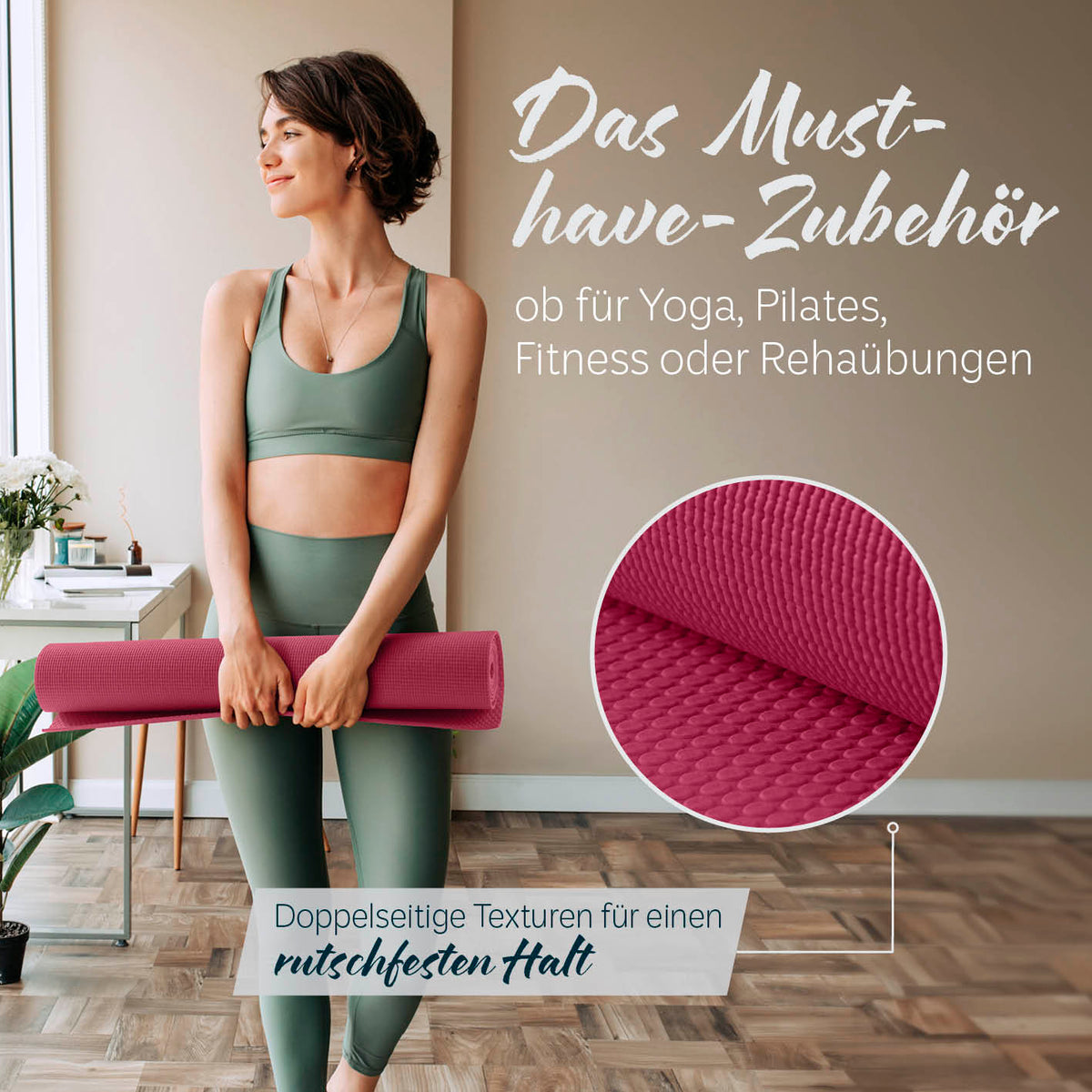 Yogamatte Kirana - 183 x 61 x 0,4 cm - Aubergine mit weicher Struktur, rutschfest und vielseitig für Yoga, Pilates und Fitness.