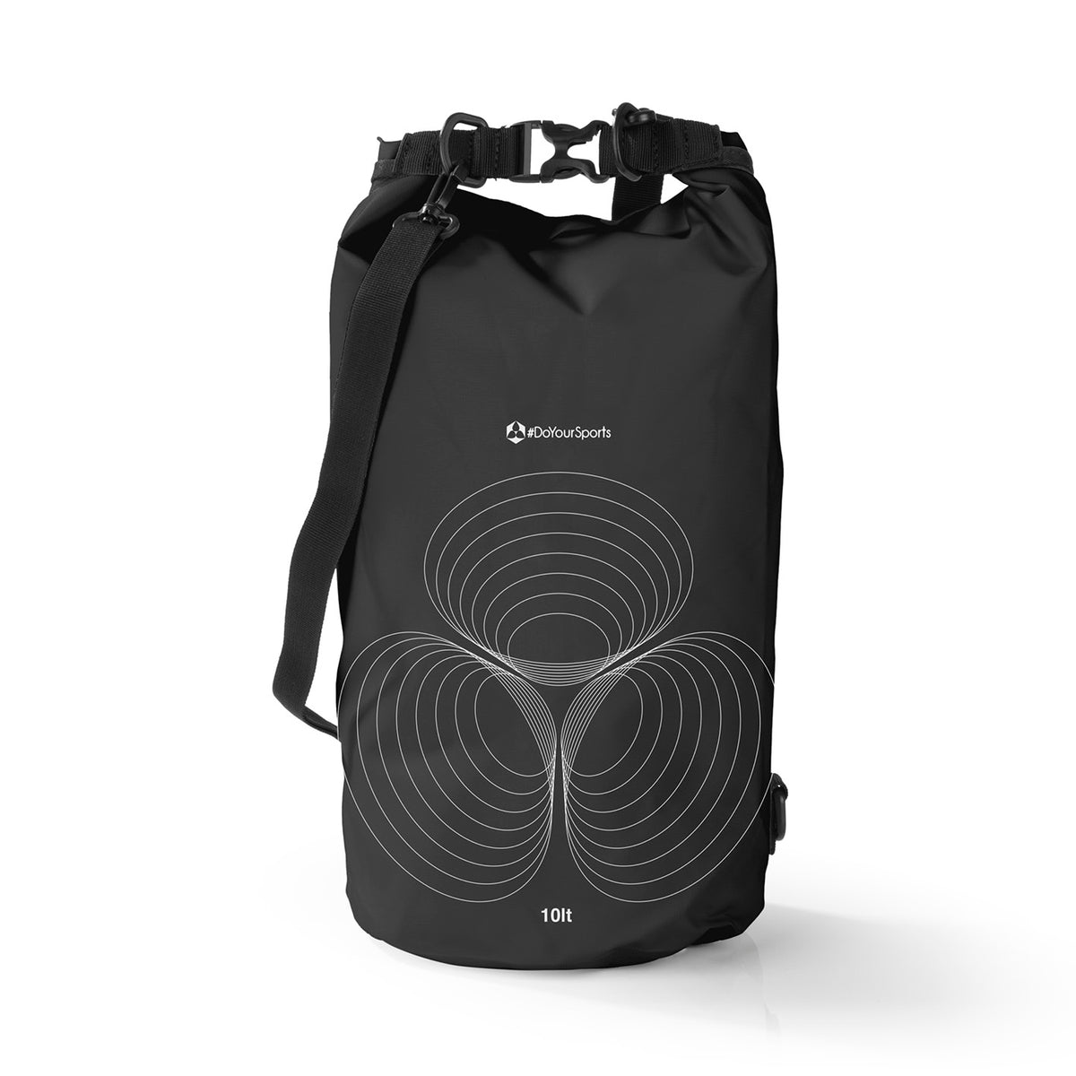 Dry Bag 10L - Schwarz, wasserdichter und robuster Outdoor-Rucksack mit Rolltop-Verschluss und verstellbarem Schultergurt.