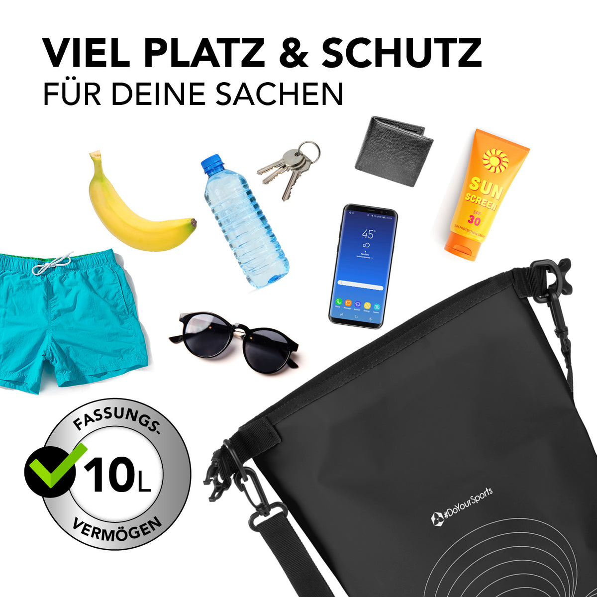 Dry Bag 10L - Schwarz mit viel Platz und Schutz für Handy, Schlüssel, Geldbörse und Outdoor-Ausrüstung bei Wasseraktivitäten.