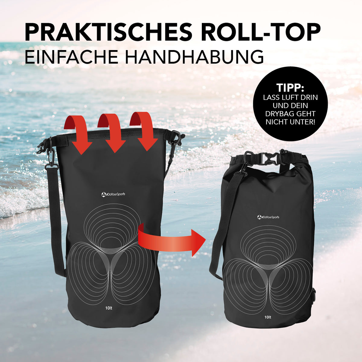 Dry Bag 10L - Schwarz mit wasserdichtem Rolltop-Verschluss und verstellbarem Schultergurt für Outdoor-Abenteuer.