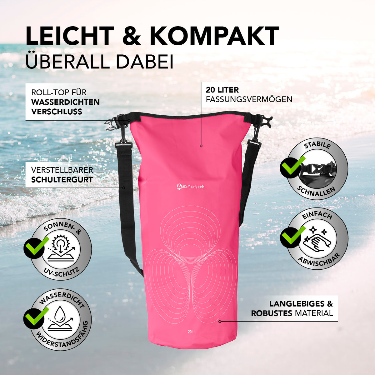 Dry Bag 20L - Pink mit wasserdichtem Rolltop, UV-Schutz, verstellbarem Schultergurt und robustem, abwischbarem Material für Outdoor-Abenteuer.