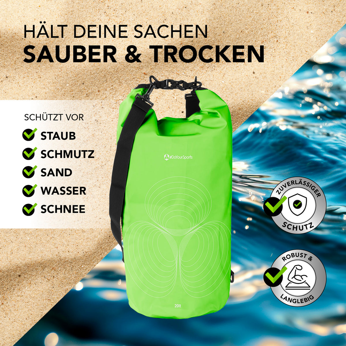 Dry Bag 20L - Grün wasserdichter, robuster Rucksack schützt vor Staub, Schmutz, Sand, Wasser und Schnee für Outdoor-Abenteuer.