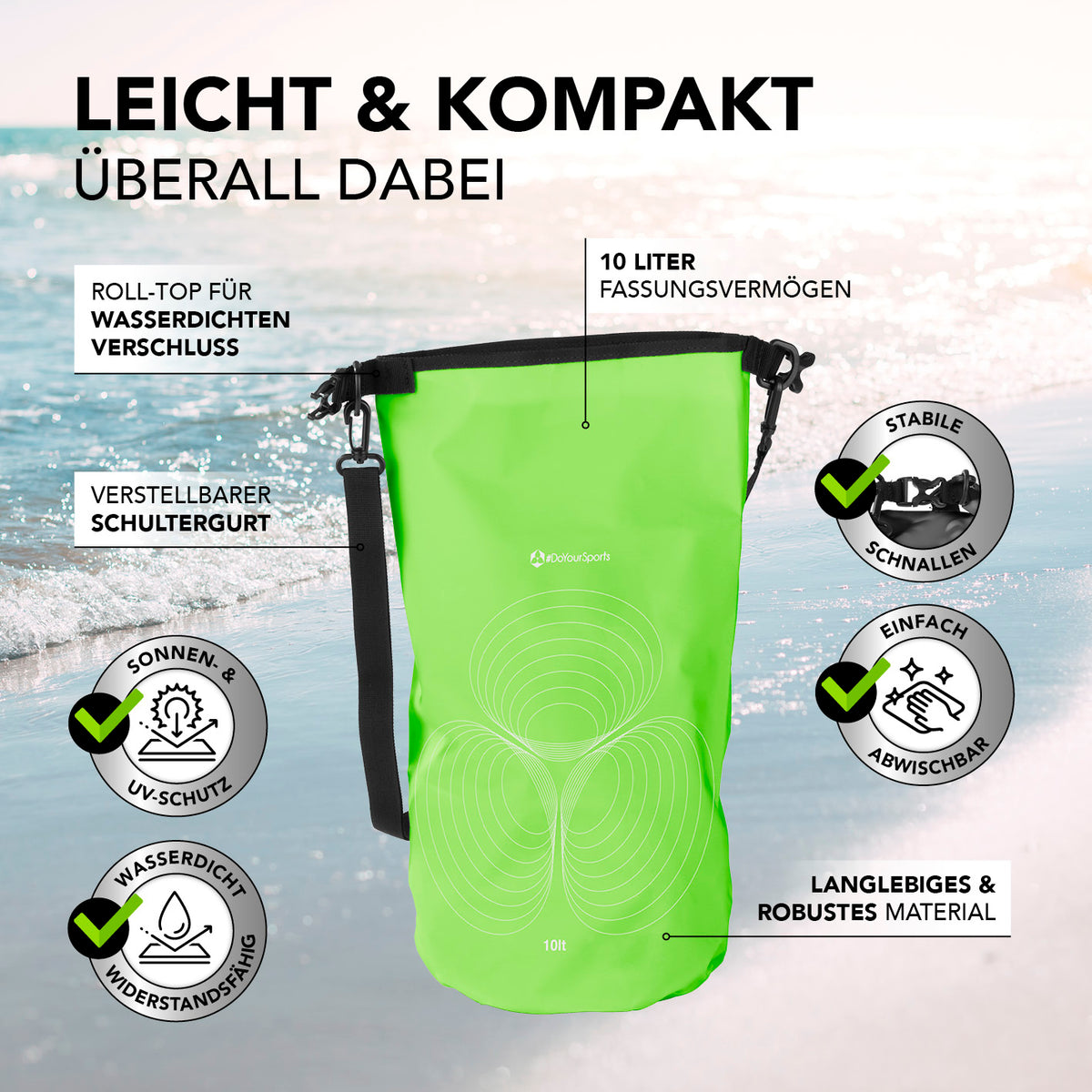 Dry Bag 10L - Grün, wasserdichter, robuster Rucksack mit UV-Schutz, verstellbarem Schultergurt und Rolltop-Verschluss für Outdoor-Abenteuer.
