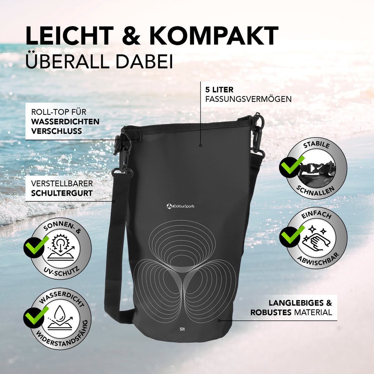 Dry Bag 5L - Schwarz, wasserdichter Rucksack mit UV-Schutz, Rolltop-Verschluss, verstellbarem Schultergurt und robustem Material.