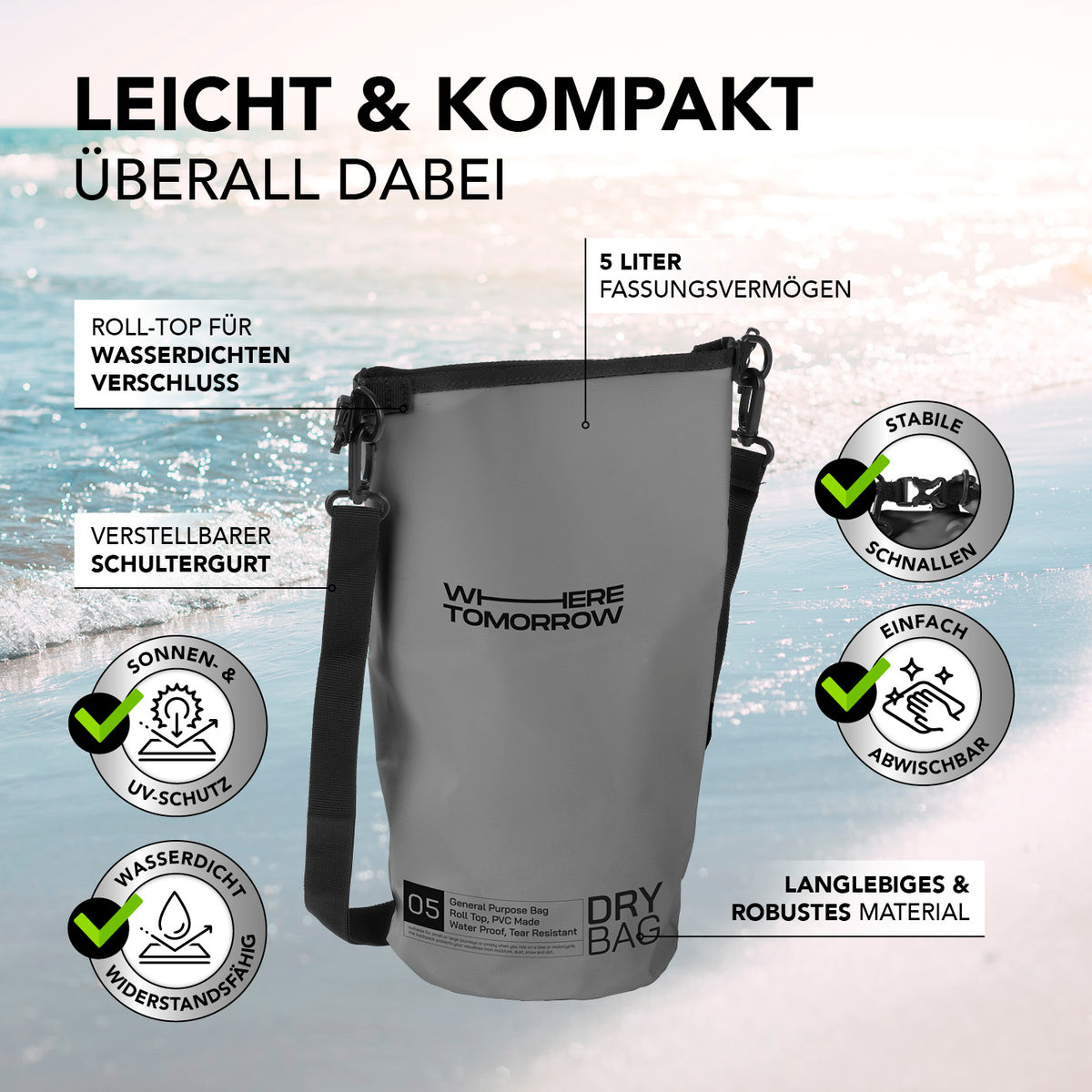 Dry Bag 5L - Style 01 - Grau, wasserdichter Rucksack mit UV-Schutz, Rolltop-Verschluss, verstellbarem Schultergurt und robustem Material.