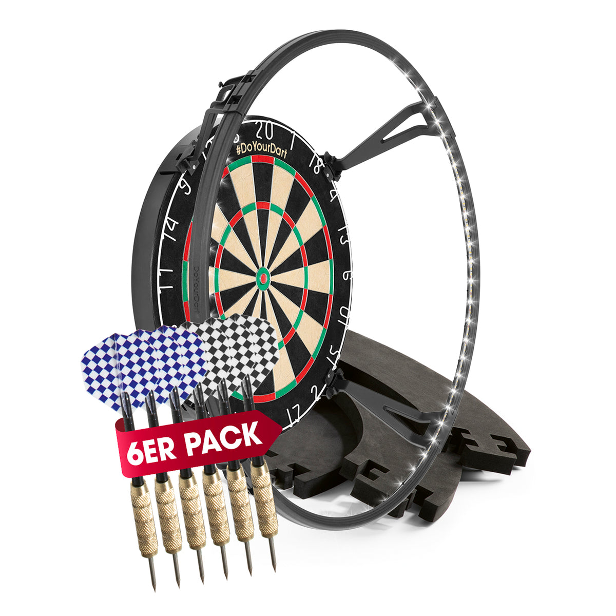 Dartscheibe + Dart-Beleuchtung mit LED-Ring und 6 Dartpfeilen im 6er Pack