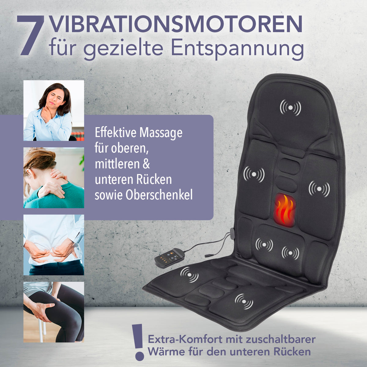 Massage-Sitzauflage mit zuschaltbarer Wärme und 7 Vibrationsmotoren für gezielte Entspannung von Rücken und Oberschenkeln