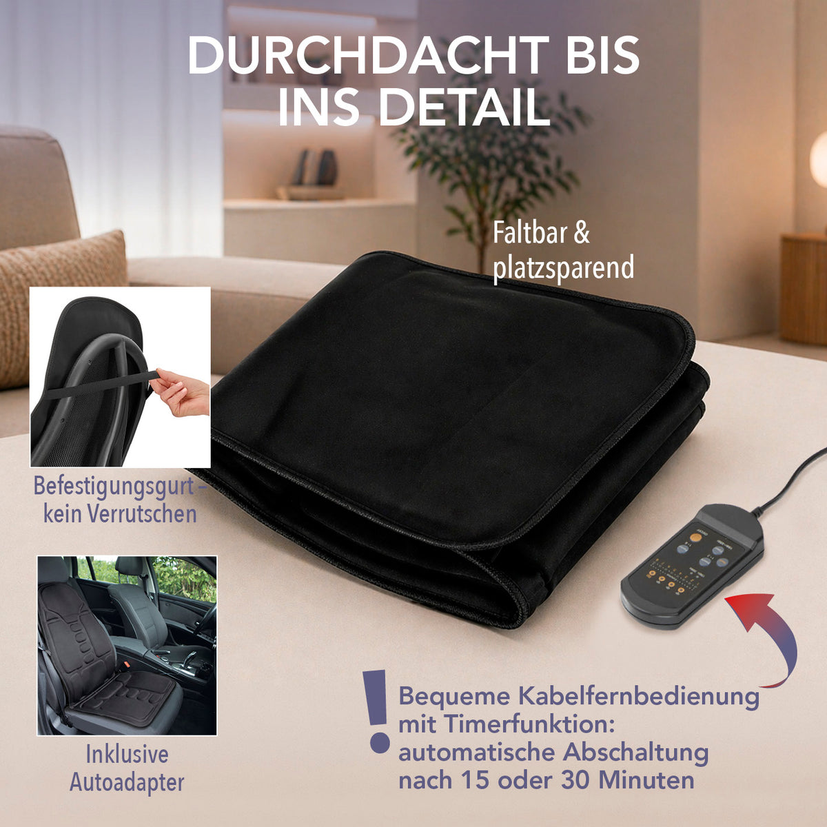 Massage-Sitzauflage mit zuschaltbarer Wärme faltbar mit Kabel-Fernbedienung Autoadapter und automatischer Abschaltung nach 15 oder 30 Minuten