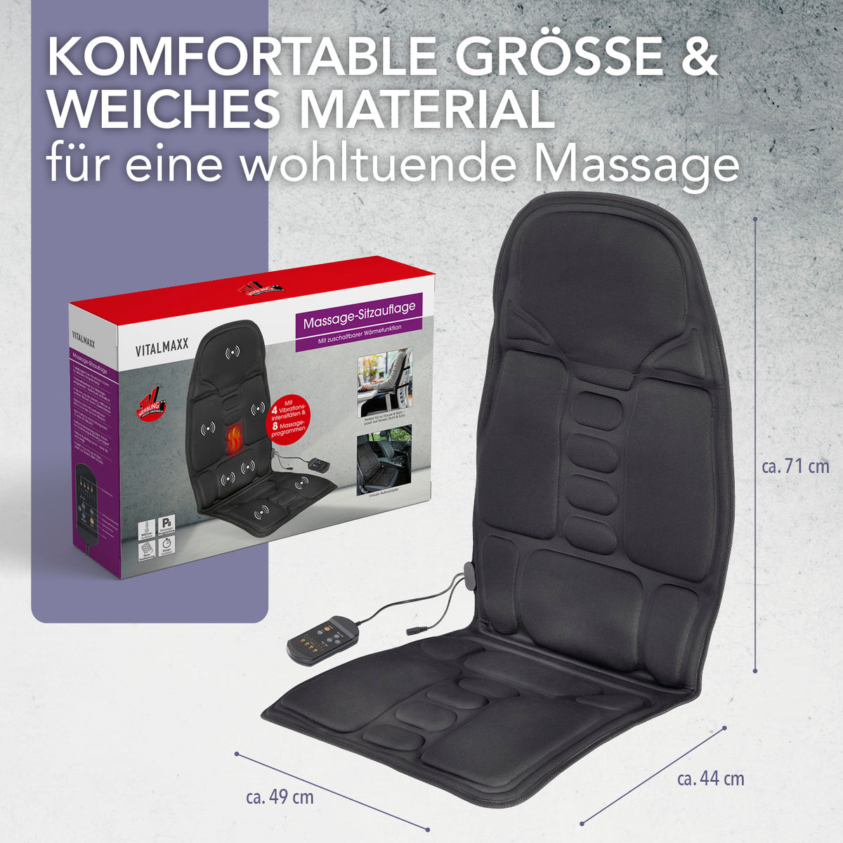 Infografik mit Maßen der Massage-Sitzauflage mit zuschaltbarer Wärme ca. 71 cm hoch 49 cm breit und 44 cm tief aus weichem Material