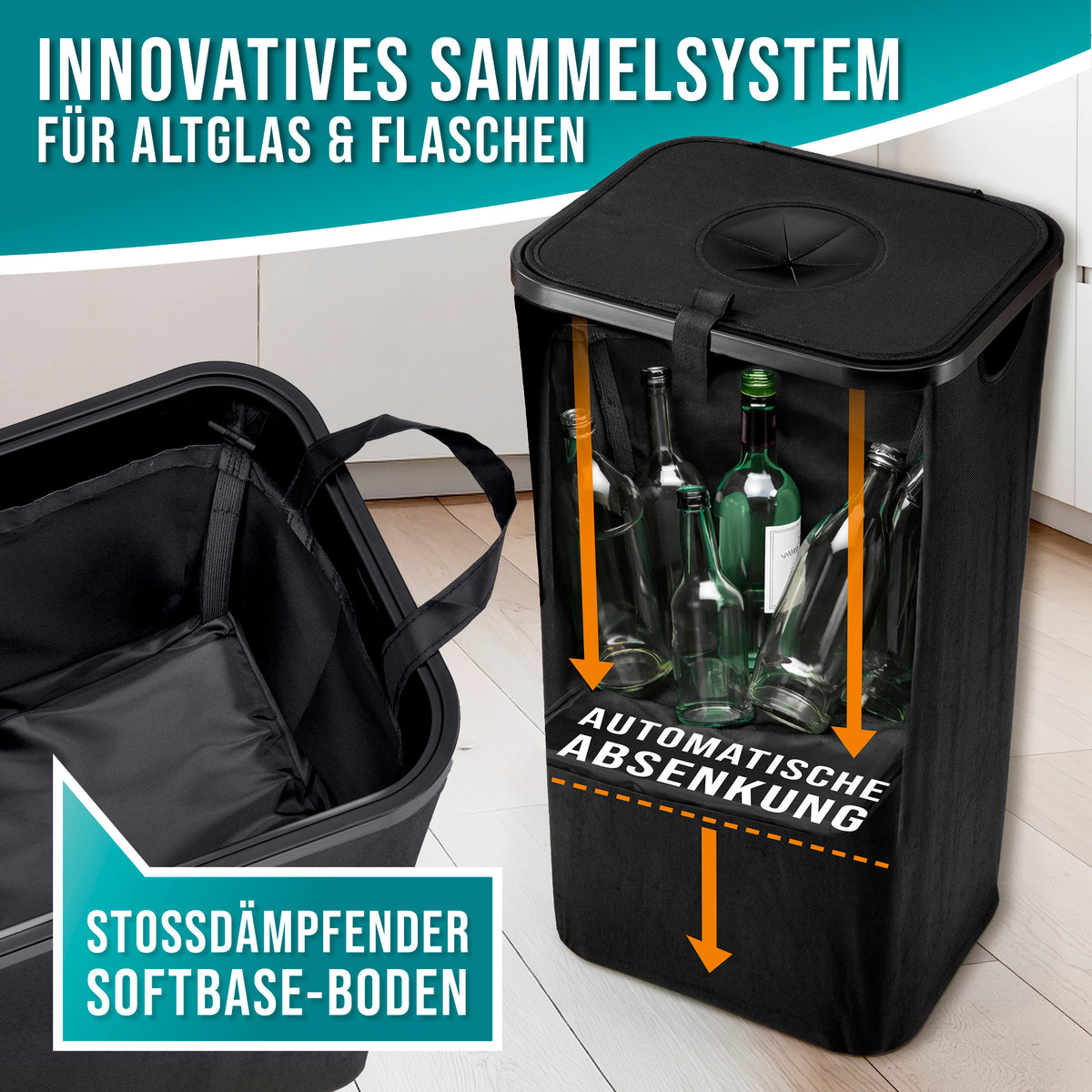 Glas- & Leergutsammler - 100 l - 25 kg max. Gesamtlast mit stoßdämpfendem Softbase-Boden und automatischer Absenkung für Flaschen.