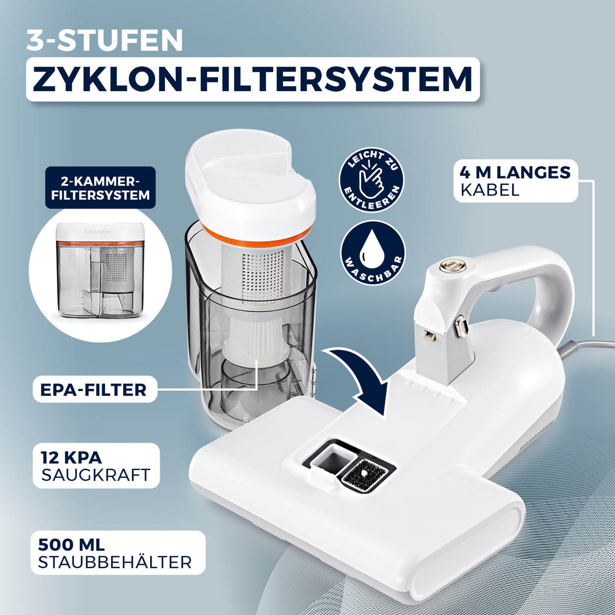 Milbensauger Vibration Pro mit 3-Stufen Zyklon-Filtersystem, 12 KPA Saugleistung und 500 ml Staubbehälter für textilen Oberflächen