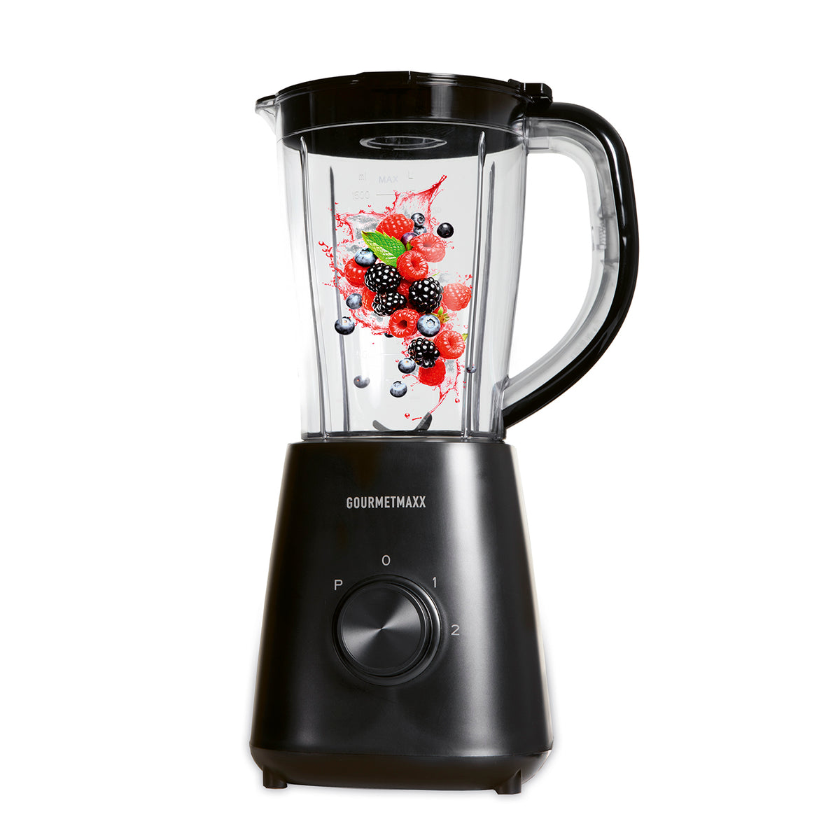 Standmixer mit schwarzem Gehäuse und transparentem Mixbehälter mit frischen Beeren für Smoothies