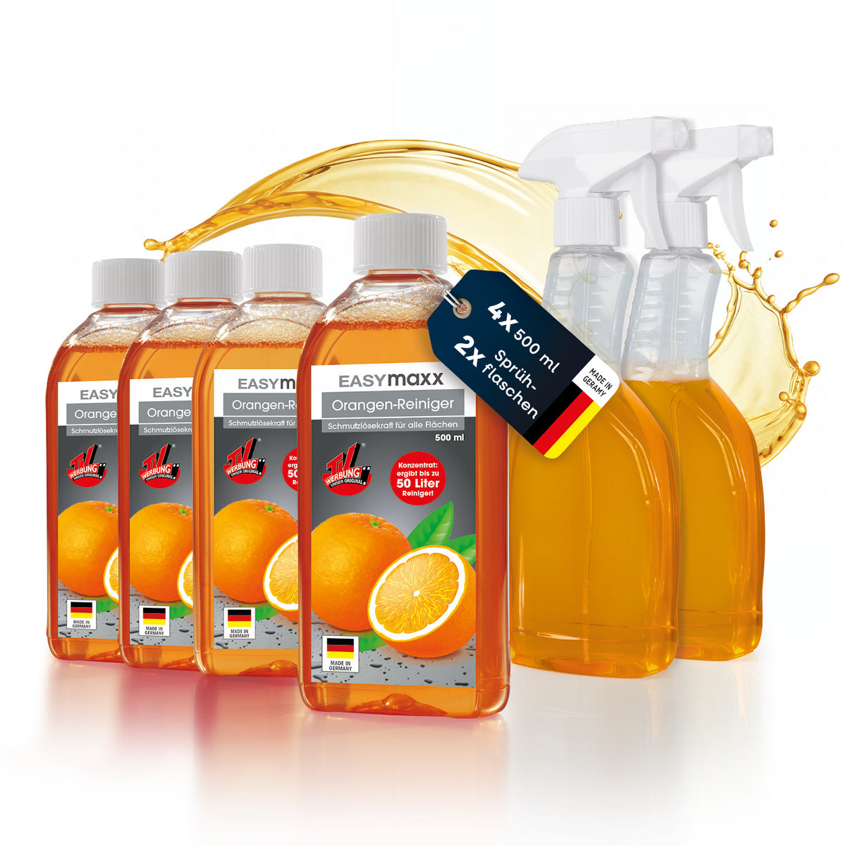 Orangenreiniger - 4 x 500 ml Konzentrat inkl. Sprühflasche, gebündelt mit frischem Orangenmotiv und reinigungsaktiver Flüssigkeit.